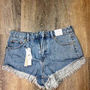 Topshop Denim Cut Off Shorts US Size 10 High Waisted Frayed Hem Blue